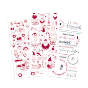 Drei Blätter von Alexandra Renke mit roten Weihnachtsmotiven - Weihnachtsmann, Schneemänner, Fahrzeuge und deutsche Grüße - ideal für Bastelprojekte oder festlichen Charme mit Transferfolie Weihnachten.