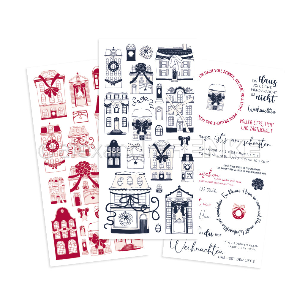 Drei Bögen von Alexandra Renke mit weihnachtlichen Haus-, Fenster-, Kranz- und Textmotiven in Rot, Marineblau und Schwarz - ideal für Bastelprojekte im Winter oder um Ihre Basteleien mit Rub-On Festlichkeiten im Winterheim-Stil zu ergänzen.