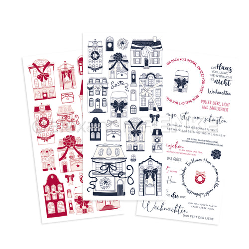 Drei Bögen von Alexandra Renke mit weihnachtlichen Haus-, Fenster-, Kranz- und Textmotiven in Rot, Marineblau und Schwarz - ideal für Bastelprojekte im Winter oder um Ihre Basteleien mit Rub-On Festlichkeiten im Winterheim-Stil zu ergänzen.