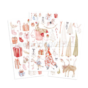 Drei festliche Alexandra Renke Stickerbögen mit aquarellierten Weihnachtsgeschenken, Bäumen, Strümpfen, Rentieren und Hasen - perfekt für Bastelprojekte zu Weihnachten oder zum Hinzufügen von Weihnachtszauber zu Ihren saisonalen Bastelarbeiten.
