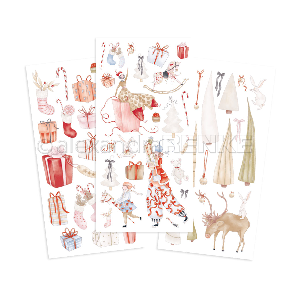 Drei festliche Alexandra Renke Stickerbögen mit aquarellierten Weihnachtsgeschenken, Bäumen, Strümpfen, Rentieren und Hasen - perfekt für Bastelprojekte zu Weihnachten oder zum Hinzufügen von Weihnachtszauber zu Ihren saisonalen Bastelarbeiten.
