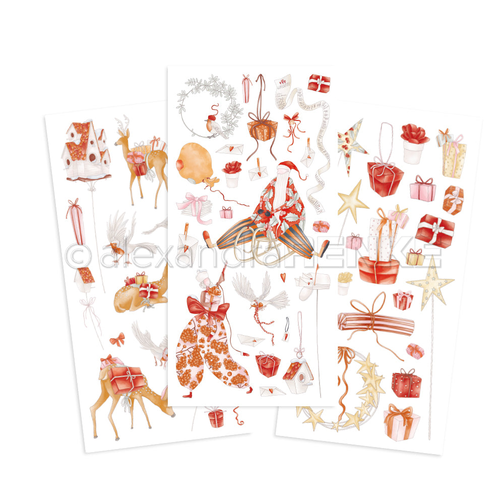 Drei festliche Stickerbögen von Alexandra Renke mit Weihnachtsgeschenken, Dekorationen, Rentieren, Sternen und einem Mädchen im Schlafanzug - ideal für Bastelprojekte Motive oder um Ihre Rub-On Figurenwelt Winterfahrt zu verzaubern.
