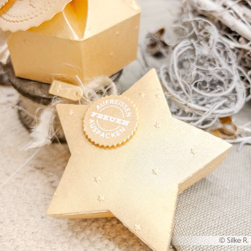 Goldfarbene, sternförmige Geschenkbox mit geprägten Details und rundem Anhänger, hergestellt mit Alexandra Renke Designpapieren und Prägefolder, umgeben von dekorativen Elementen.