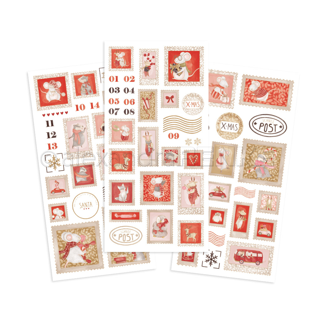 Drei Bögen Rub-On Briefmarken-Zauber-Aufkleber mit Mäusen und Weihnachtsmotiven.