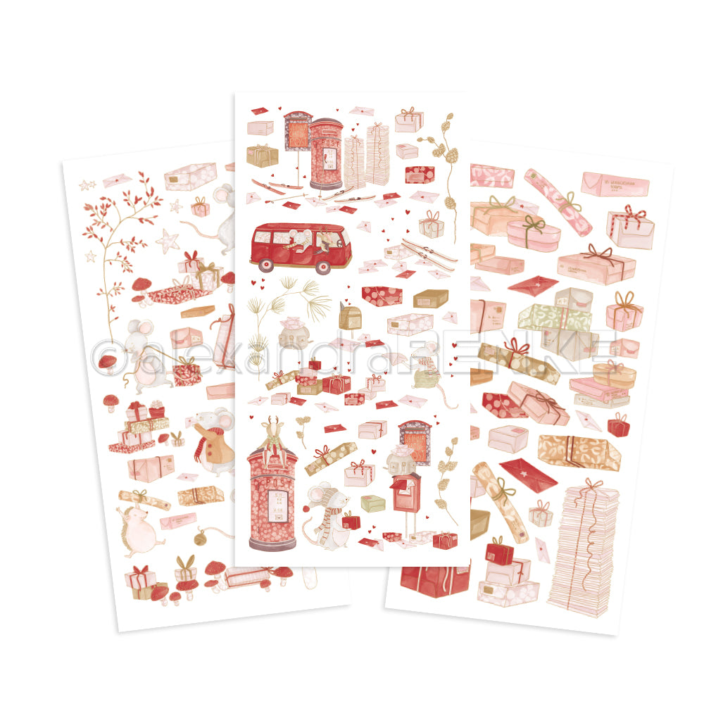 Drei Aufkleberbögen mit Mäusen in Aquarelloptik, Briefkästen und Geschenken für Rub-On Weihnachtspost.