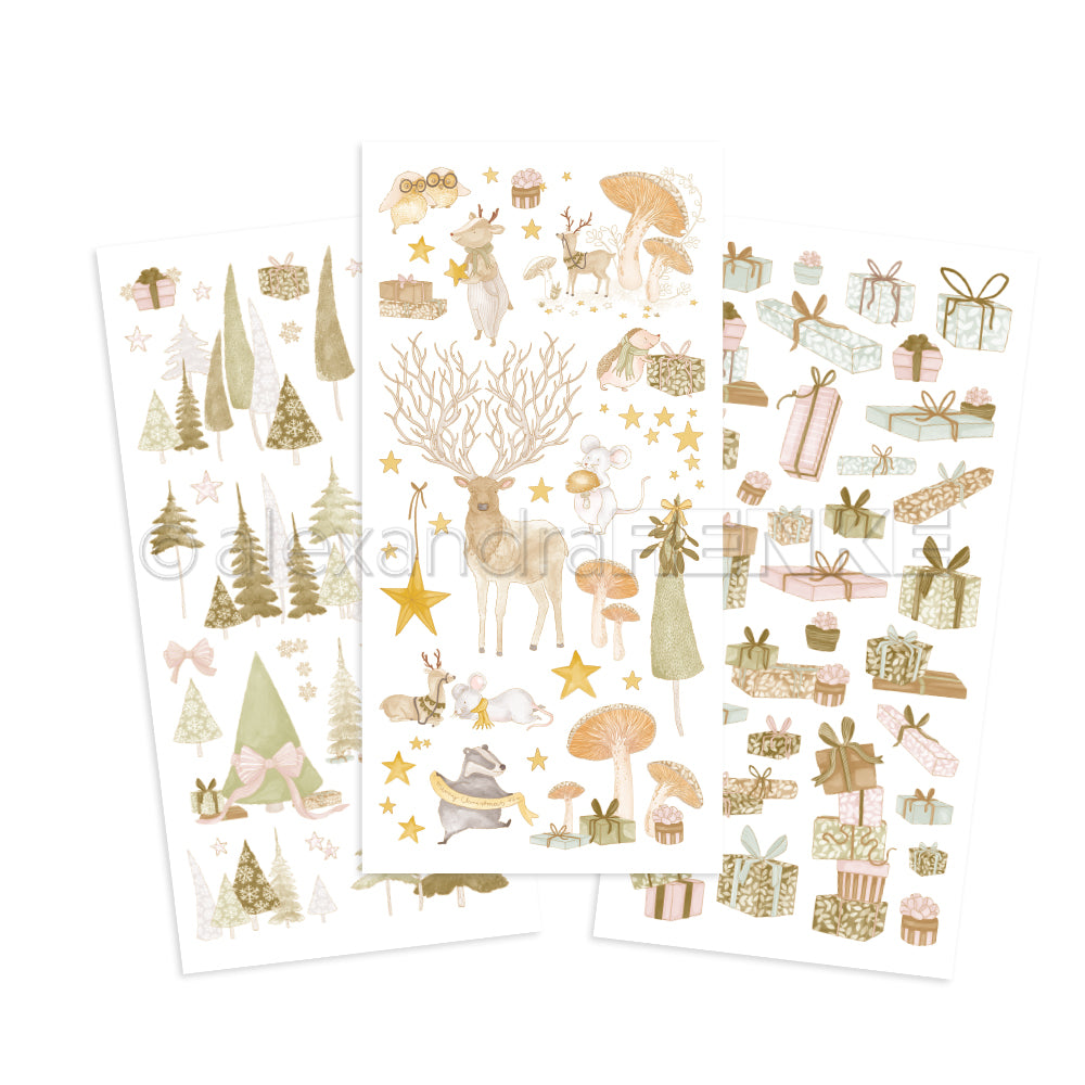 Drei Bögen mit Aufklebern zum Thema Weihnachten und Rub-On Weihnachtswald für Bastelprojekte.