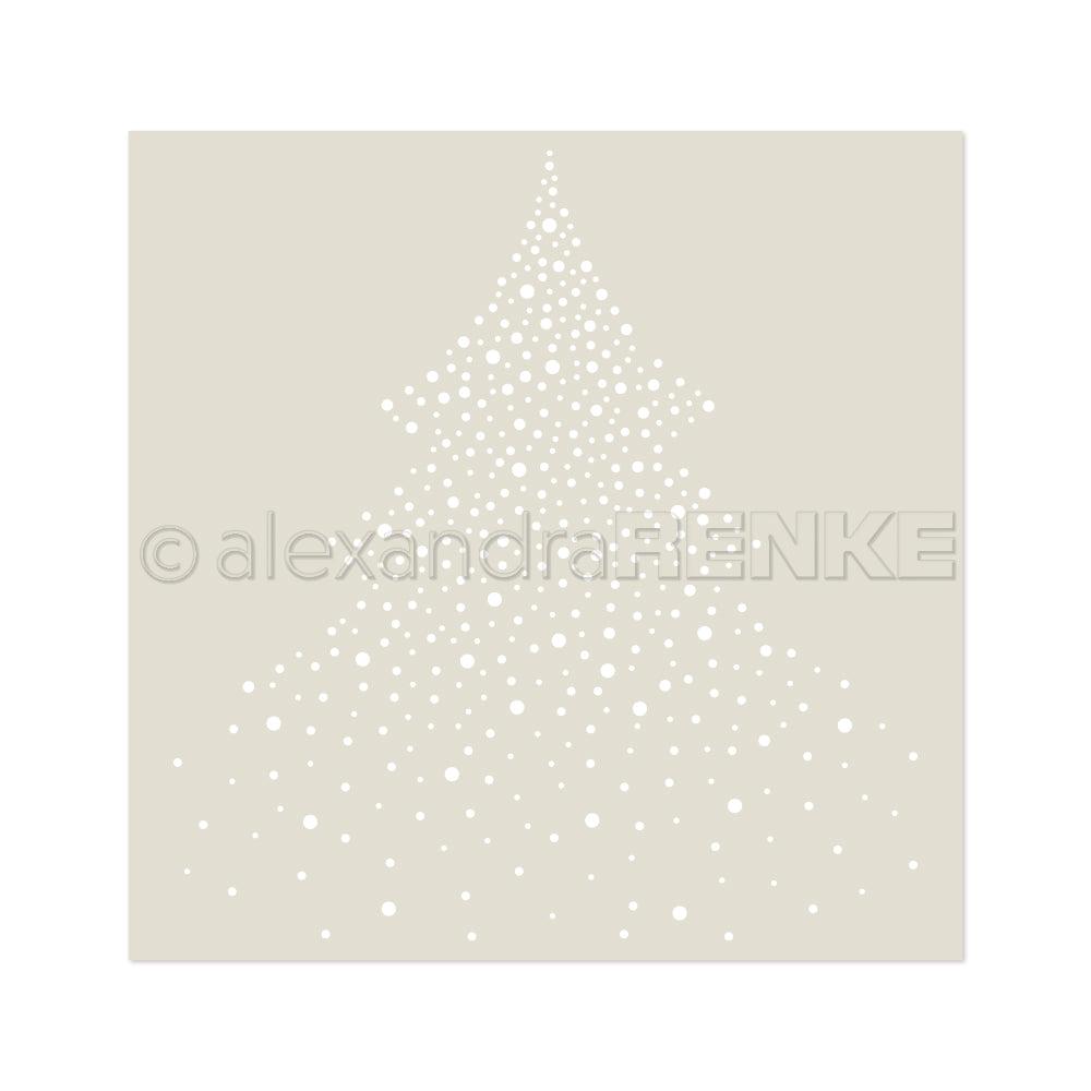 Ein stilisierter Weihnachtsbaum aus weißen Punkten auf hellbeige, perfekt für Schablonen Papierprojekte mit einer wiederverwendbaren Schablone von Alexandra Renke.