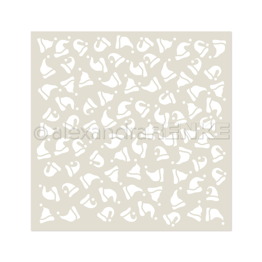 Ein nahtloses Muster aus abstrakten weißen Entensilhouetten auf einem hellbeigen quadratischen Hintergrund von Alexandra Renke, ideal für Schablonen Papierprojekte oder zur Verwendung mit wiederverwendbaren Stencils.