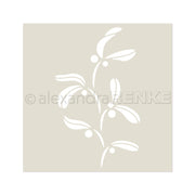 Diese Schablone von Alexandra Renke zeigt einen schlichten weißen Mistelzweig mit Blättern und Beeren auf einem beigen Quadrat - perfekt als Schablonen für Papierprojekte oder als wiederverwendbare Stencils für festliche Bastelarbeiten.