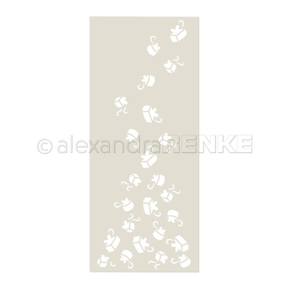 Weiße Geschenkschachtel-Silhouetten diagonal verstreut auf beigem Hintergrund von Alexandra Renke, ideal als Stencil Geschenkefall oder zum Basteln mit wiederverwendbarer Schablone.