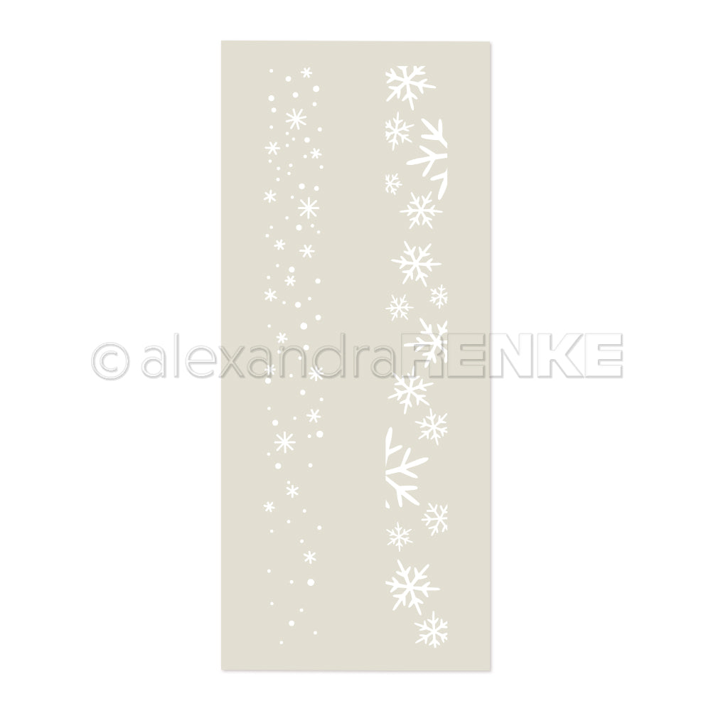 Weiße Schneeflockenmuster in zwei vertikalen Streifen auf hellbeige, ideal für Schablonen Papierprojekte oder magische Effekte mit wiederverwendbaren Schablonen wie Alexandra Renke's Schablone Musterstreifen Schneefall.