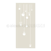 Cremefarbener Hintergrund mit weißen Hängeornamenten und Schleifen in verschiedenen Größen, vertikal angeordnet - ideal als Alexandra Renke Weihnachtsschablone, wiederverwendbar für festliche Christbaumkugeldekorationen.