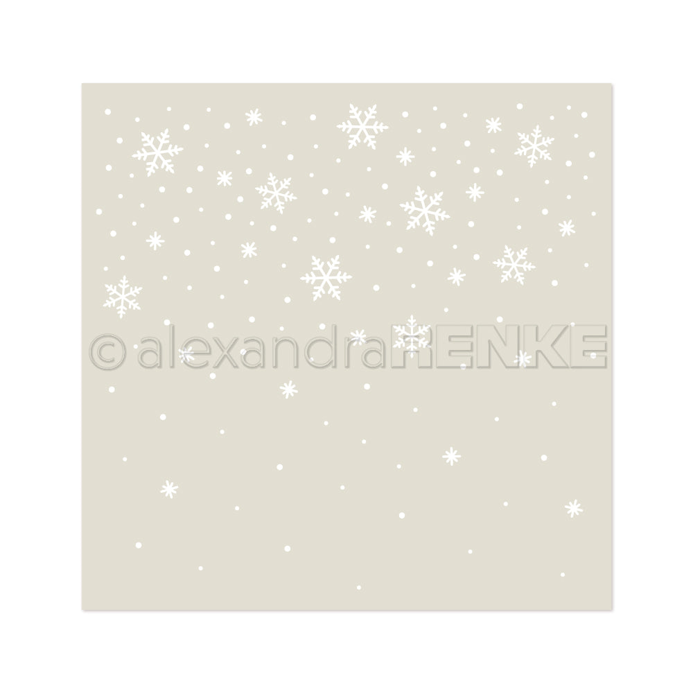 Weiße Schneeflocken, die auf einen beigen Hintergrund fallen, mit dem Wasserzeichen „Stencil Rieselnde Schneeflocken“ von Alexandra Enke.