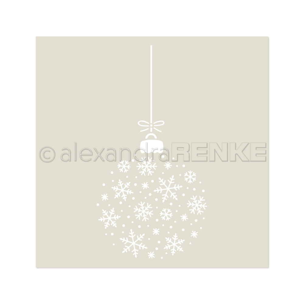 Eine weiße Umrissvorlage einer Weihnachtskugel, ausgefüllt mit Schneeflockenmotiven.