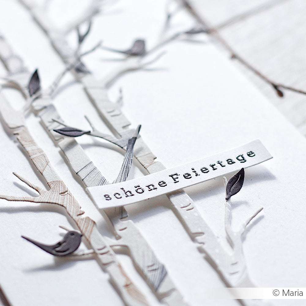 Papierkunst von Alexandra Renke mit Vögeln, Zweigen und der Aufschrift "Schöne Feiertage" auf Deutsch. Mit klaren Stempeln und photopolymeren Stempeln akzentuiert, verleiht dieses festliche Design Ihrem Weihnachtsbasteln Charme.