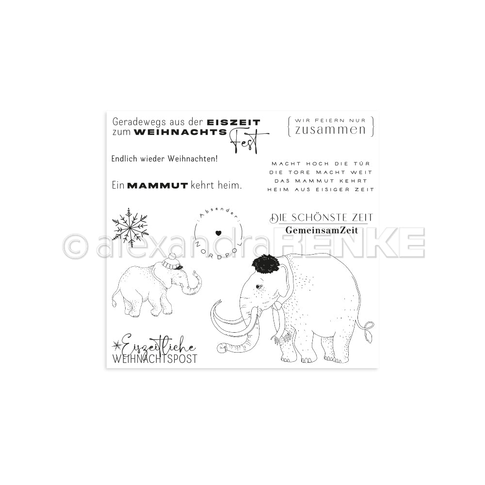 Die schwarz-weißen Weihnachts-Klarsichtstempel von Alexandra Renke zeigen Elefanten, deutsche Texte, Schneeflocken und festliche Motive - ideal für Stempelkissen oder Photopolymer-Stempelprojekte.