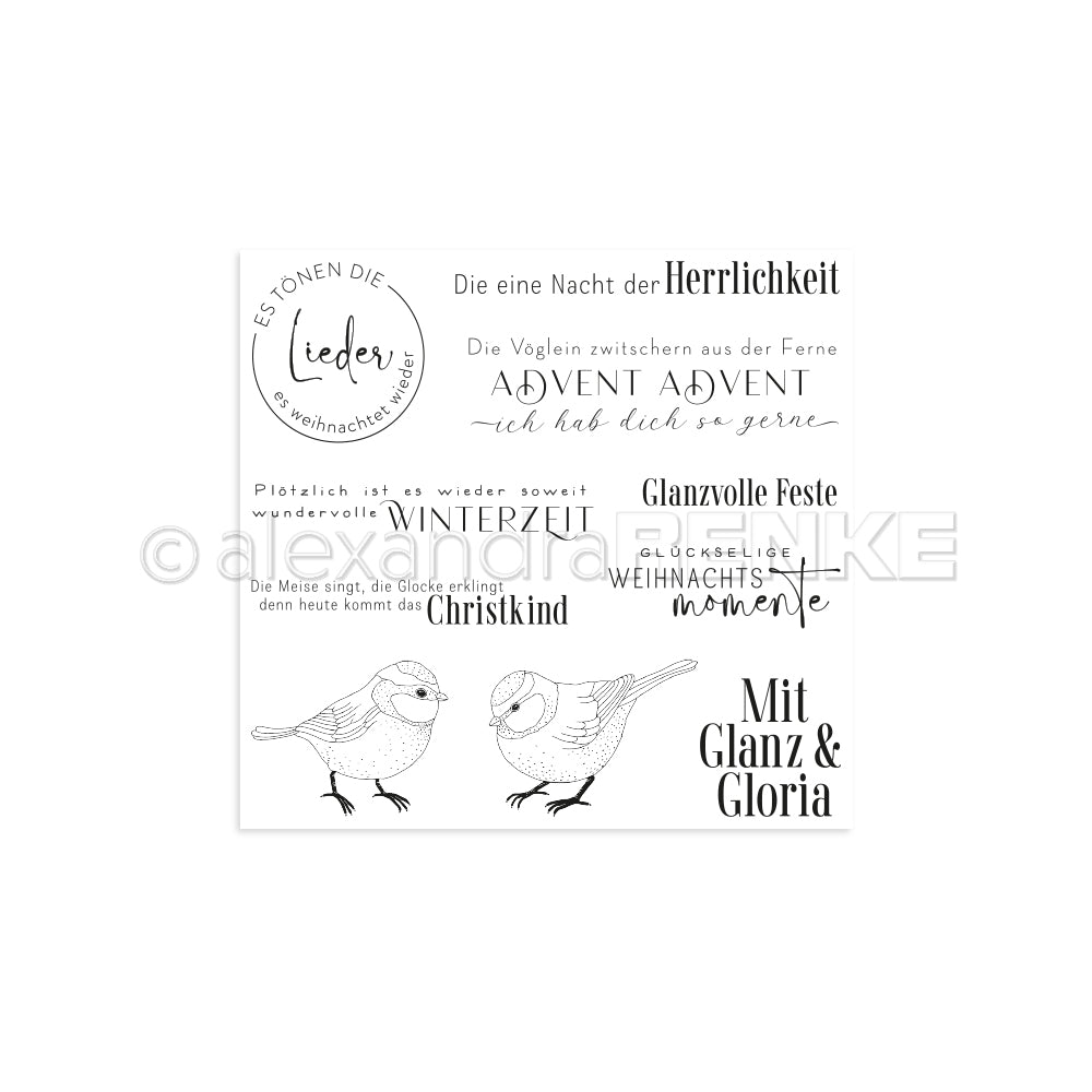 Schwarzer und weißer weihnachtlicher Text mit zwei skizzierten Wintervögeln am unteren Rand, perfekt für die Verwendung mit Ihren Lieblingsprojekten mit Alexandra Renke Clear Stamp oder Photopolymer Stempel.
