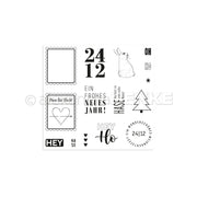 Der schwarz-weiße Photopolymer-Stempel von Alexandra Renke zeigt deutsche Redewendungen, Zahlen, einen Hasen, einen Rahmen, einen Baum und Herzen - ideal für festliche Weihnachtspost-Kreationen.