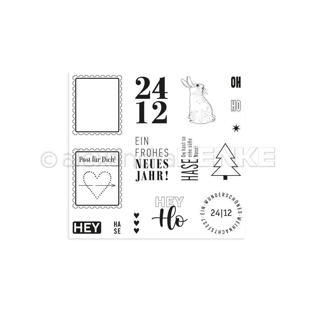 Der schwarz-weiße Photopolymer-Stempel von Alexandra Renke zeigt deutsche Redewendungen, Zahlen, einen Hasen, einen Rahmen, einen Baum und Herzen - ideal für festliche Weihnachtspost-Kreationen.