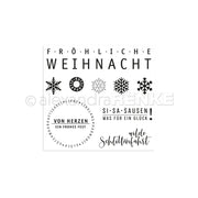 Schwarzer und weißer Weihnachtstext mit Schneeflocken und festlichen Grüßen von Alexandra Renke - ideal für die Kartengestaltung mit einem Clear Stamp oder Photopolymer-Set, mit verspielten "Schneesausen"-Akzenten für zusätzliche Weihnachtsstimmung.