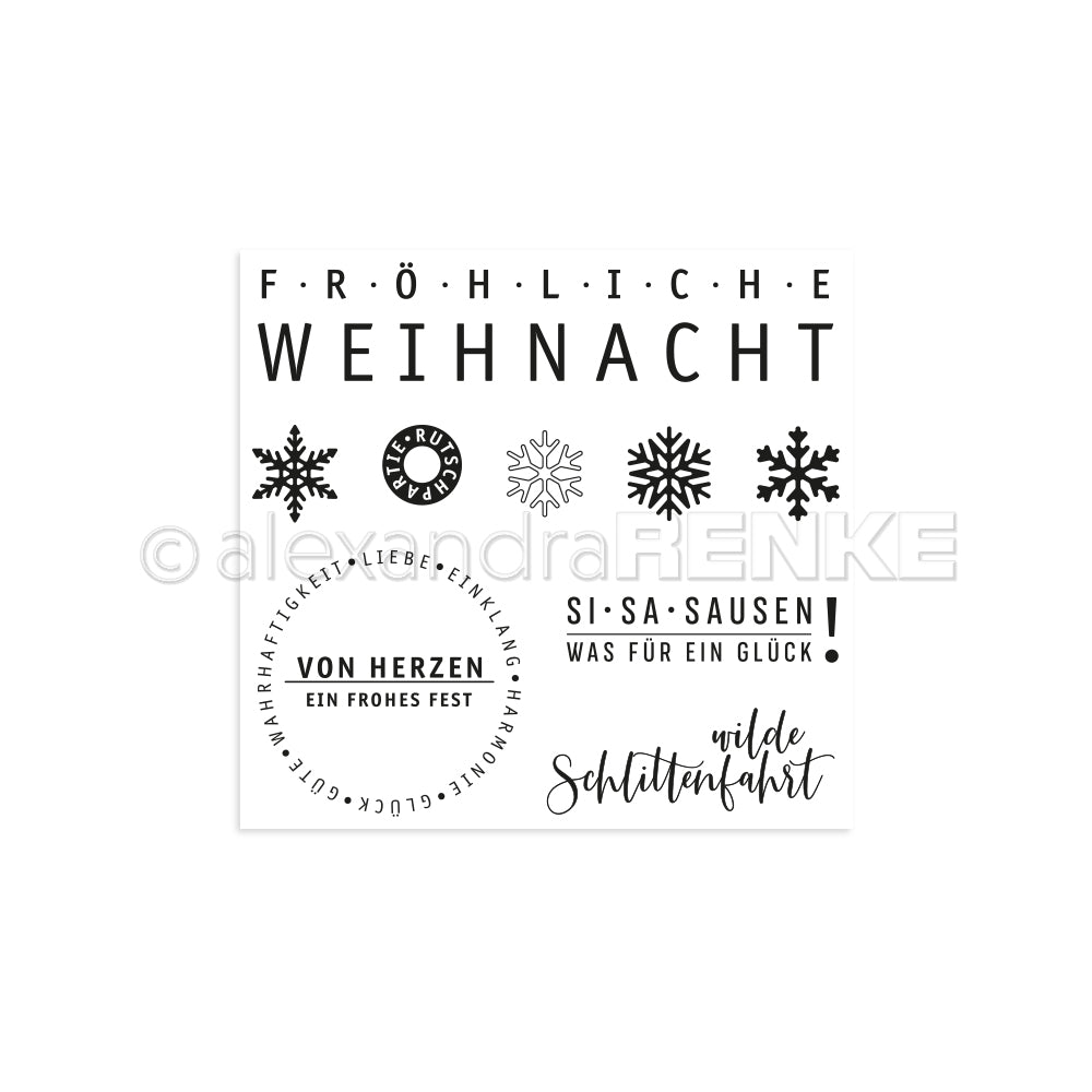 Schwarzer und weißer Weihnachtstext mit Schneeflocken und festlichen Grüßen von Alexandra Renke - ideal für die Kartengestaltung mit einem Clear Stamp oder Photopolymer-Set, mit verspielten "Schneesausen"-Akzenten für zusätzliche Weihnachtsstimmung.
