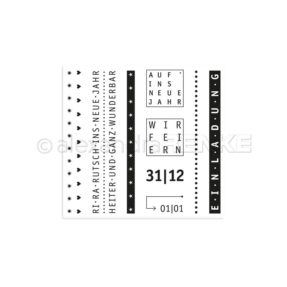 Minimalistische schwarz-weiße Neujahrseinladungskarte von Alexandra Renke mit deutschem Text, dekorativen Sternen und eleganten Details - ideal für Papierprojekte oder zur Personalisierung mit einem Photopolymer-Stempel oder Klarsichtstempel.