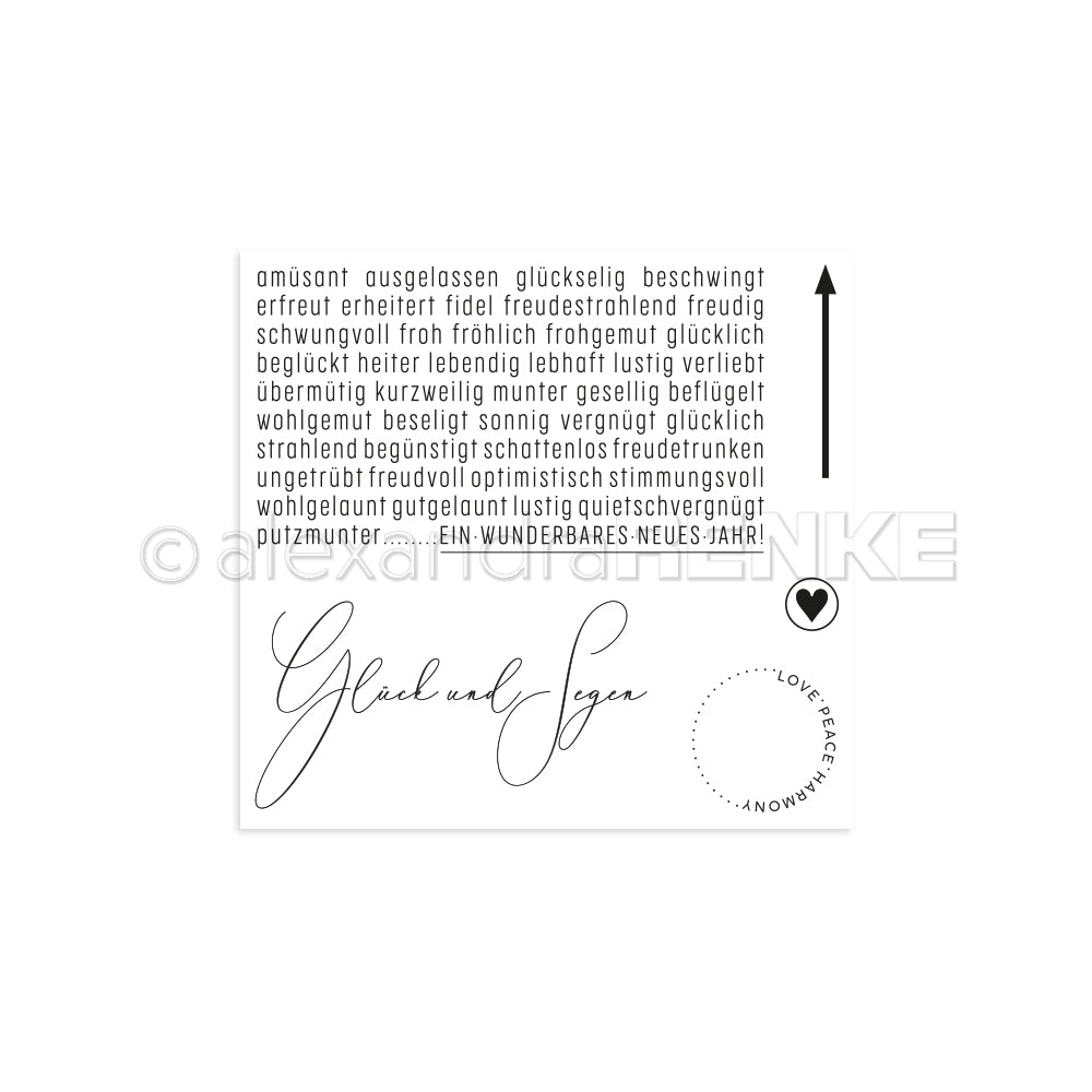 Dieser Klarsichtstempel von Alexandra Renke mit den deutschen Wörtern für positive Emotionen, dem Schriftzug Glück und Segen, dem Pfeil und dem kreisförmigen Text LIEBE*FRIEDEN*HARMONIE ist aus haltbarem Photopolymer hergestellt und sorgt für gestochen scharfe Abdrücke bei kreativen Projekten.