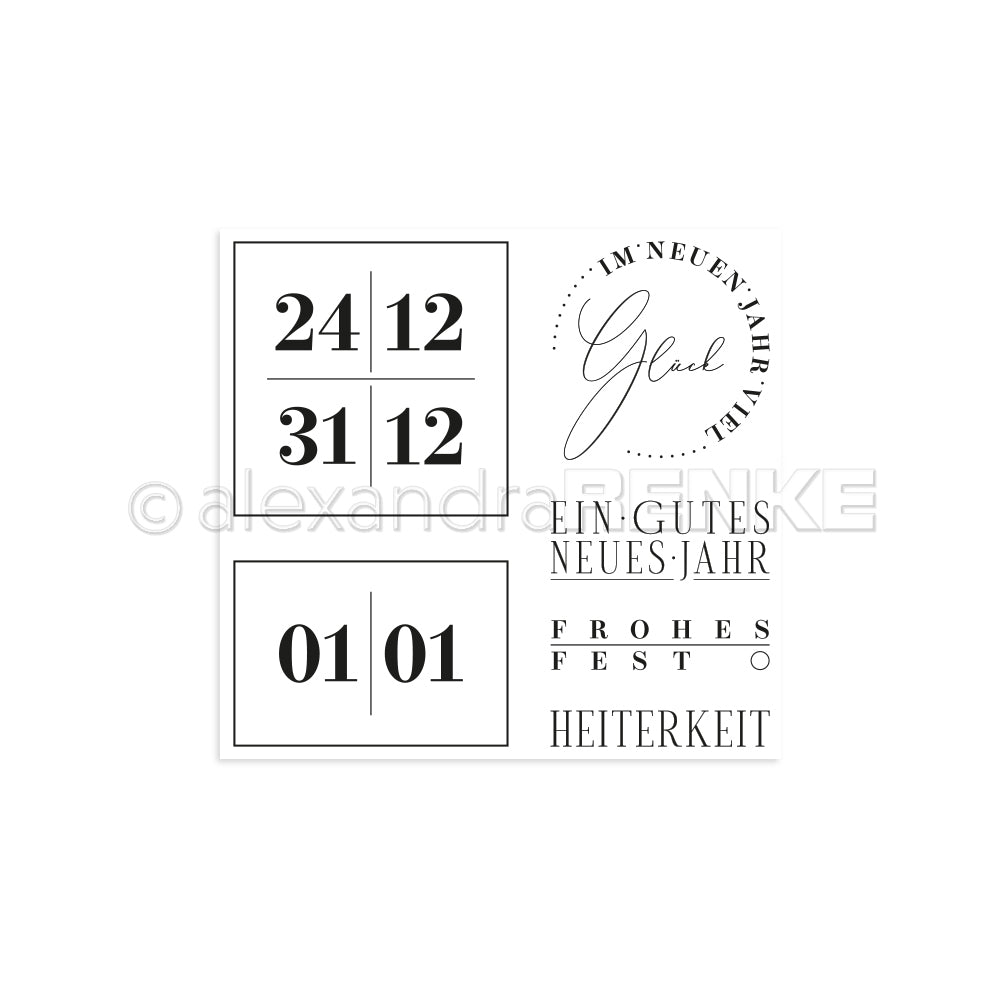 Minimalistische Grafik von Alexandra Renke mit deutschen Neujahrsgrüßen, festlichen Worten und den Daten 24.12., 31.12. und 01.01. - perfekt für Karten mit einem Photopolymer Stempel oder Clear Stamp. Wünschen Sie "Frohe Feiertage" mit Stil!.