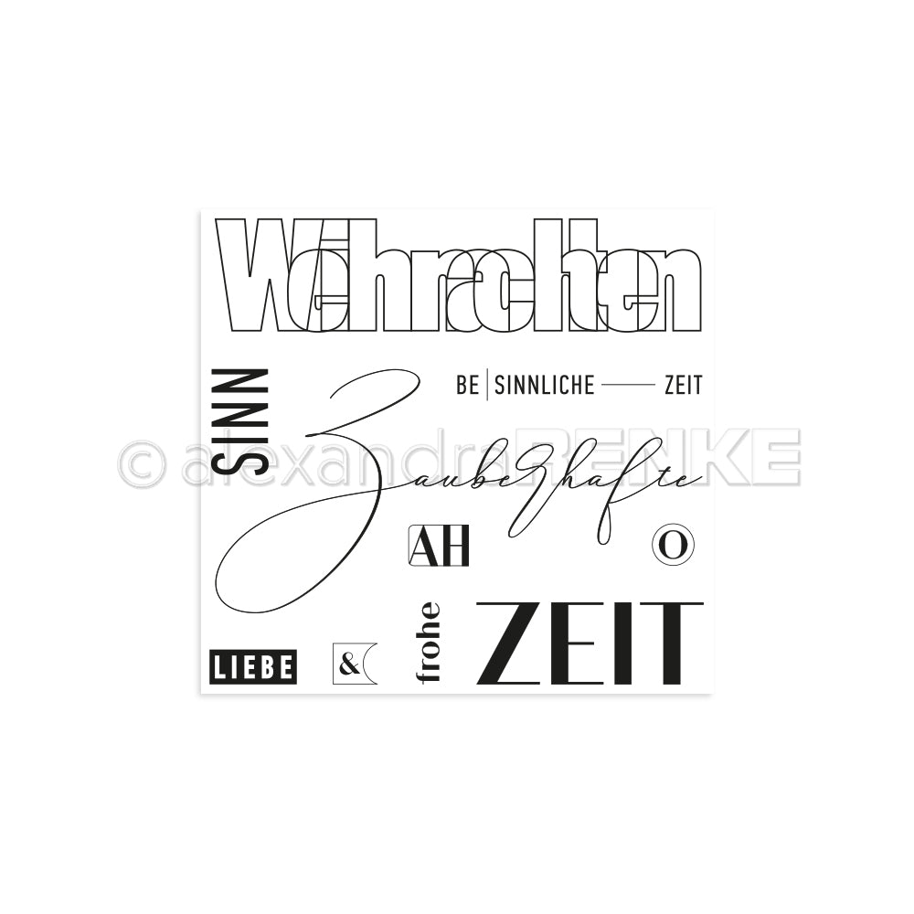 Deutsche Wörter in verschiedenen Schriftarten wie "Zauberhafte Weihnachten", "Sinn" und "ZEIT" erscheinen auf weißem Hintergrund - ideal für festliche Karten mit Alexandra Renke Photopolymer Stempel (Clear Stamp).