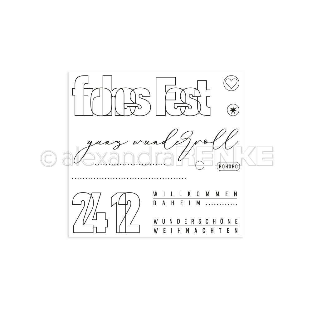 Weihnachtliche Textgrafik von Alexandra Renke mit "Frohes Fest", Sternen und einem Herz - perfekt für Ihre Photopolymer Stempel oder Clear Stamp Projekte.