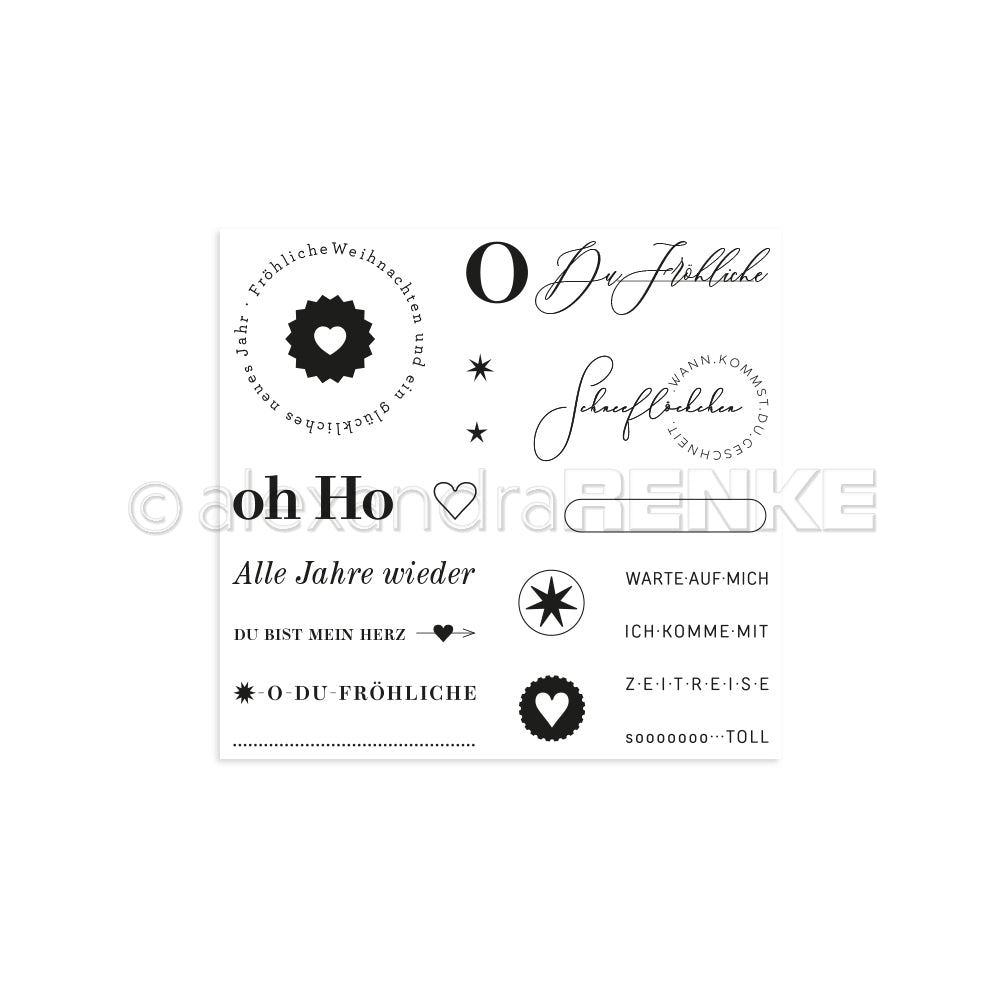 Deutsche weihnachtliche Texte und Symbole wie Sterne und Herzen in einem minimalistischen Layout von Alexandra Renke, perfekt für Papierprojekte mit Ihren Clear Stamp oder Photopolymer Stempel Designs.