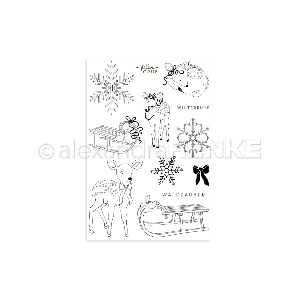 Umrisszeichnungen von Rehen, Schlitten, Schneeflocken, Schleifen, einem Igel und deutschen Winterwörtern auf Weiß - perfekt zum Basteln mit den Alexandra Renke Photopolymer Stempel oder Clear Stamp Winterruhe Sets.