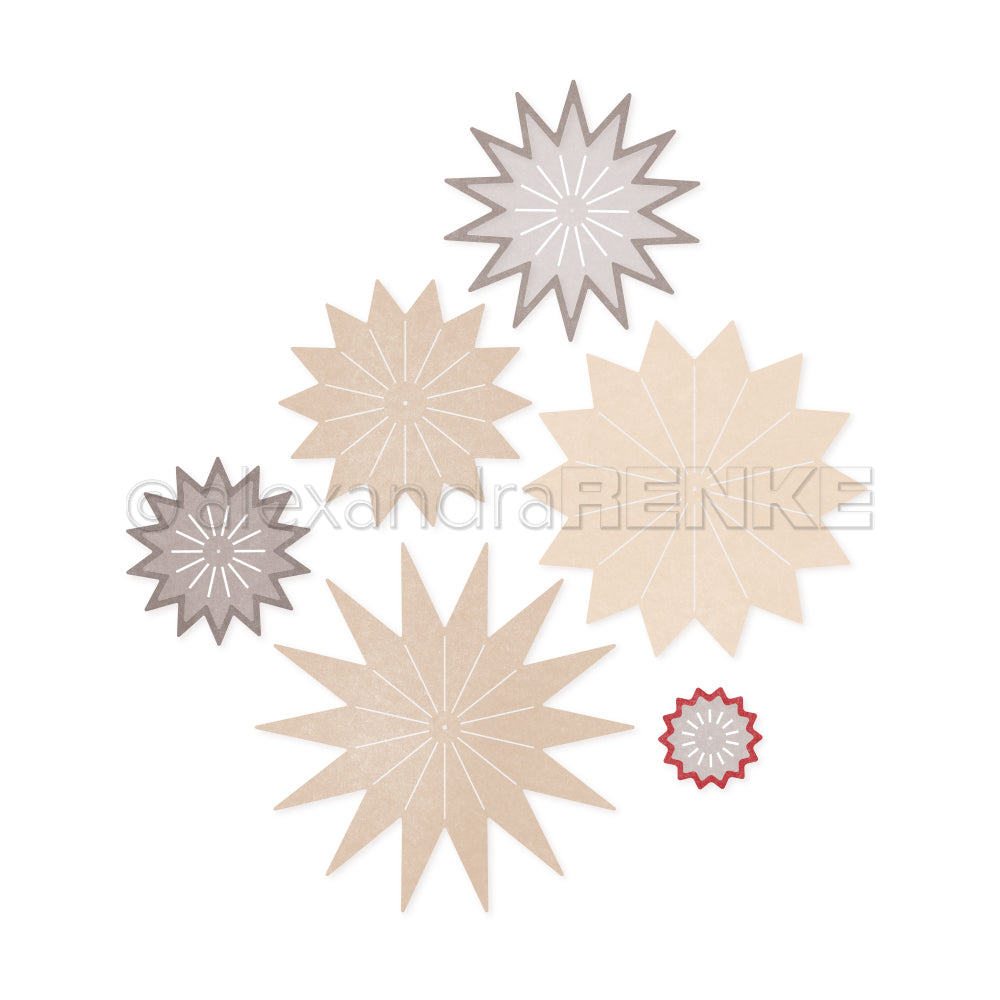 Sechs Sternformen in Beige, Grau und Rot, hergestellt mit Alexandra Renke Motivstanze Fädelsterne Dies, sind auf weißem Hintergrund angeordnet.