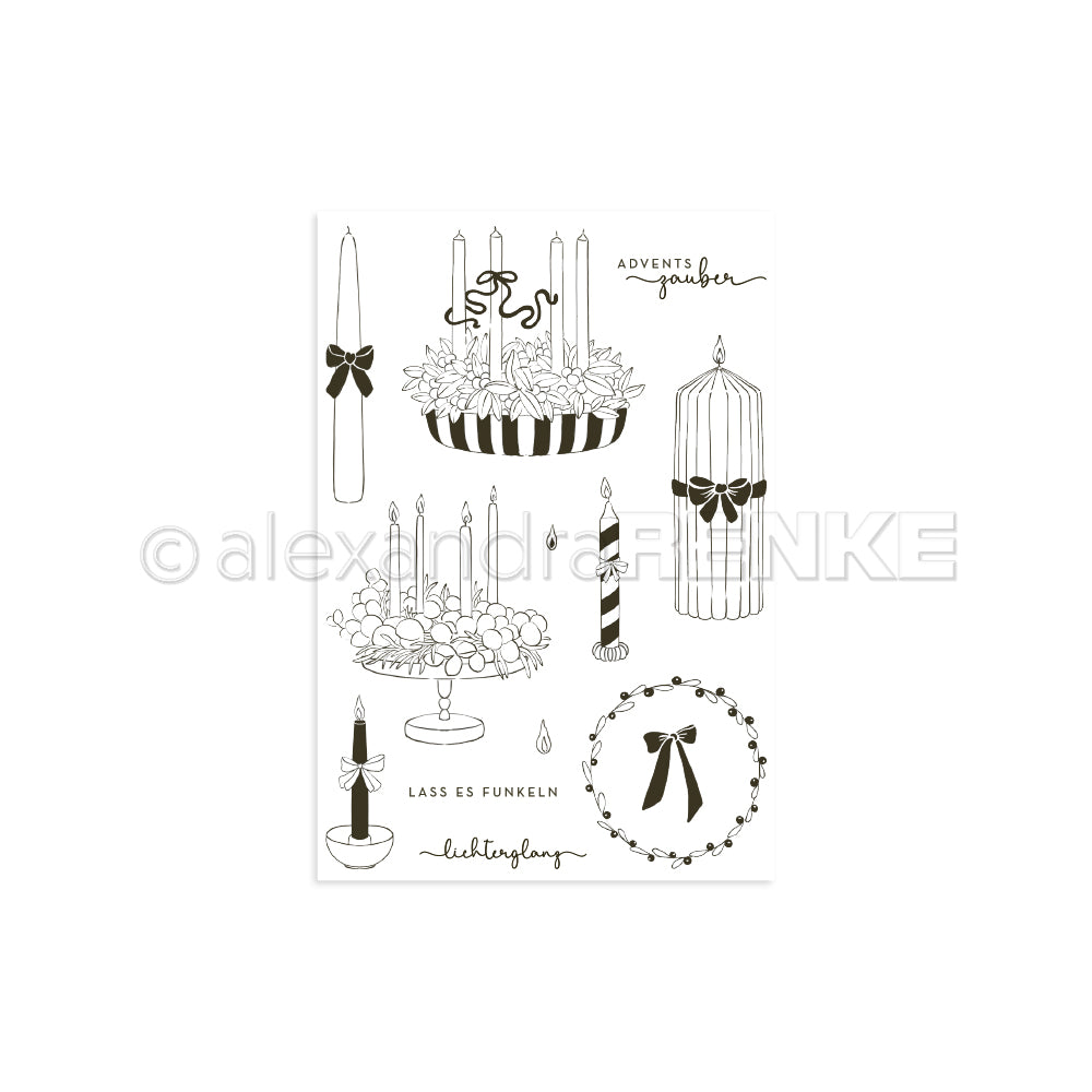Schwarz-weiße Kerzen-, Kranz- und Weihnachtsdekor-Zeichnungen mit den deutschen Sprüchen "Adventspause" und "Lass es funkeln" von Alexandra Renke - perfekt für Ihr nächstes Clear Stamp- oder Acrylblock-Projekt.