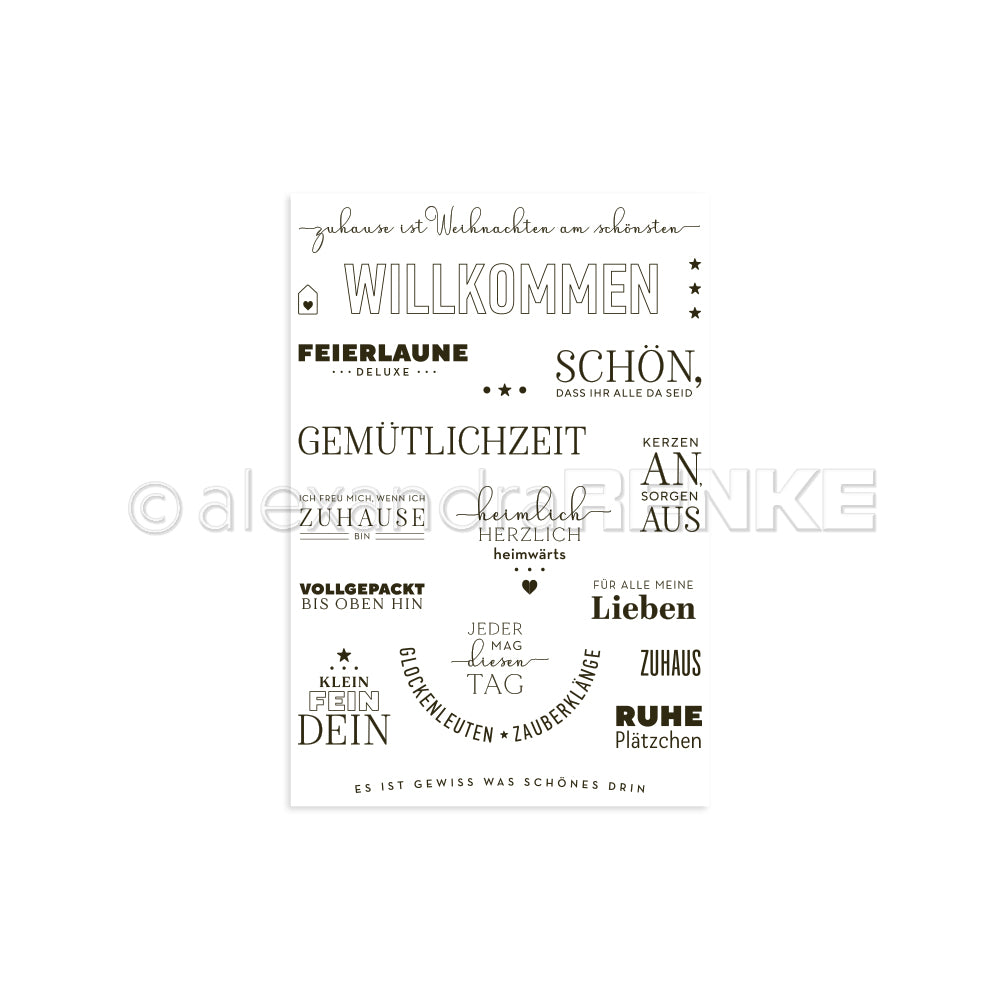 Schwarze deutsche Wörter und Sätze in verschiedenen Schriftarten, zentriert auf weißem Hintergrund - ideal für Papierprojekte oder als Photopolymer Stempel Clear Stamp von Alexandra Renke.