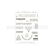 Schwarze deutsche Wörter und Sätze in verschiedenen Schriftarten, zentriert auf weißem Hintergrund - ideal für Papierprojekte oder als Photopolymer Stempel Clear Stamp von Alexandra Renke.