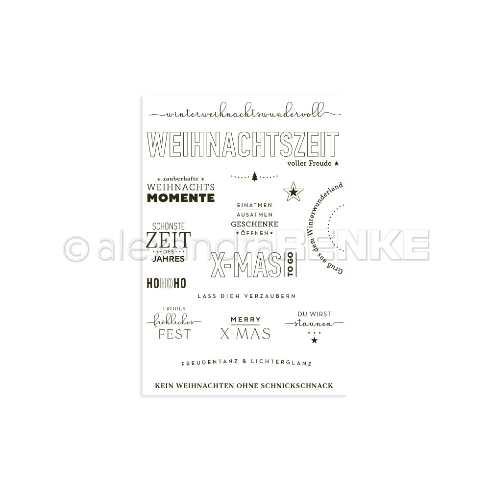 Alexandra Renkes schwarz-weiße, weihnachtliche Wörter und Sätze sind auf einem weißen Hintergrund verstreut, perfekt für Weihnachtsbasteleien und ideal für Clear Stamp oder Photopolymer-Stempelprojekte.