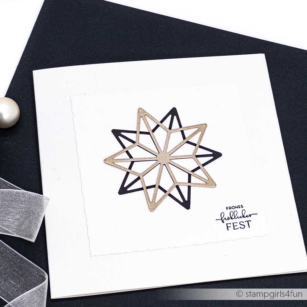 Handgefertigte Weihnachtskarte von Alexandra Renke mit einem geometrischen Stern in Schwarz und Gold und dem Schriftzug "Frohes Fest" in der Ecke. Mit knackigen, festlichen Motiven aus hochwertigen Photopolymer-Klarsichtstempeln - perfekt für die Weihnachtszeit.