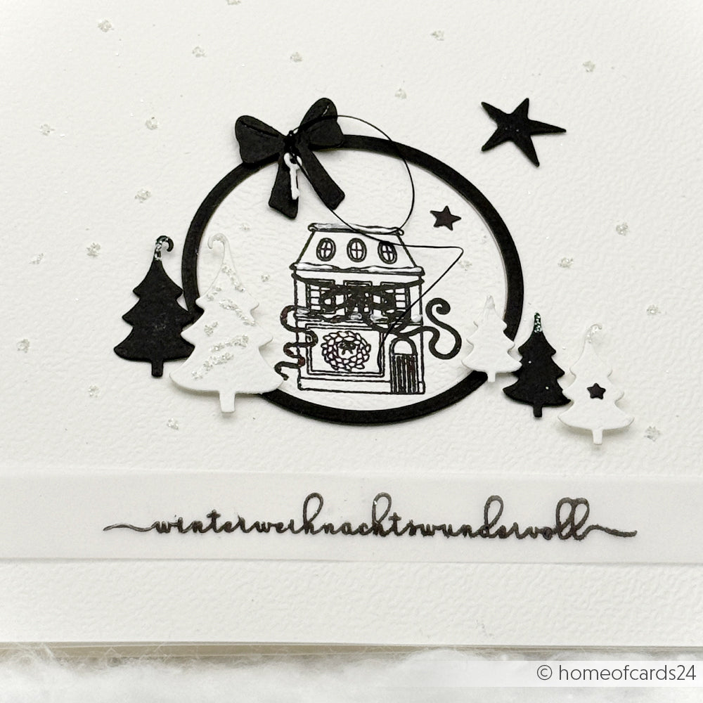 Schwarz-weiße Winterkarte von Alexandra Renke mit Bäumen, Sternen, einem Haus und "Weihnachtszeit" in deutscher Schrift - ideal für die Kombination mit Ihren Lieblingsmotiven aus Photopolymer-Klarsichtstempeln.
