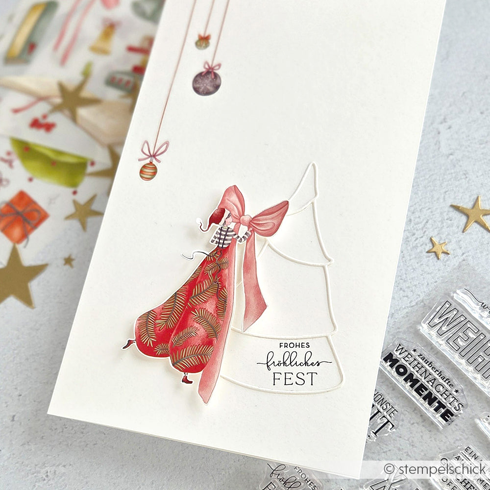 Handgemachte Weihnachtskarte von Alexandra Renke mit rotem Kleid, Ornamenten und "Frohes festliches Fest" auf weißem Hintergrund, gestaltet mit Clear Stamp Weihnachtszeit für scharfe, festliche Details.