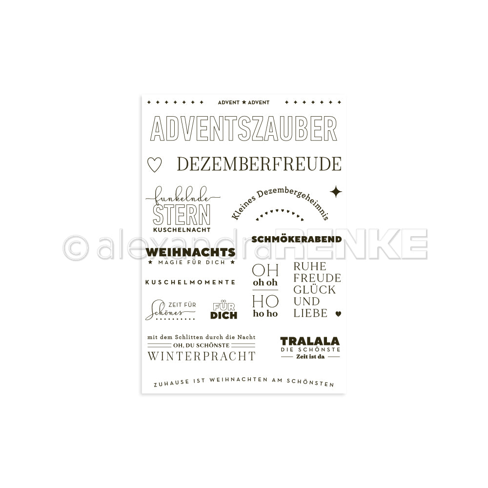Schwarze deutsche Worte und Sätze wie "Adventszauber" in verschiedenen Schriftarten auf weißem Hintergrund mit kleinen Symbolen. Perfekt für die Kartengestaltung mit Alexandra Renke Klarsichtstempeln oder photopolymeren Stempeln.