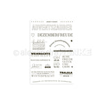 Schwarze deutsche Worte und Sätze wie "Adventszauber" in verschiedenen Schriftarten auf weißem Hintergrund mit kleinen Symbolen. Perfekt für die Kartengestaltung mit Alexandra Renke Klarsichtstempeln oder photopolymeren Stempeln.