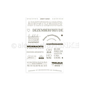 Schwarze deutsche Worte und Sätze wie "Adventszauber" in verschiedenen Schriftarten auf weißem Hintergrund mit kleinen Symbolen. Perfekt für die Kartengestaltung mit Alexandra Renke Klarsichtstempeln oder photopolymeren Stempeln.