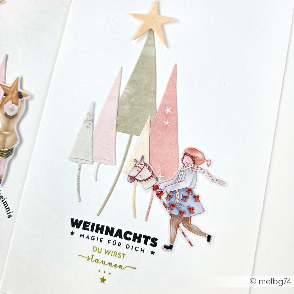 Ein Mädchen in Winterkleidung reitet auf einem Spielzeugpferd vor pastellfarbenen Weihnachtsbäumen und einem goldenen Stern. Ein ideales Motiv für Ihr nächstes Alexandra Renke Clear Stamp oder Photopolymer Stempel Design.