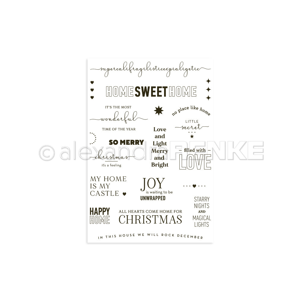 Ein Set mit weihnachtlichen und heimatlichen Zitaten in verschiedenen Schriftarten auf Weiß, perfekt für Ihre Projekte mit Acrylblock und Clear Stamp oder Photopolymer Stempel von Alexandra Renke.