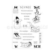 Die schwarz-weißen Winterillustrationen von Alexandra Renke zeigen Schneemotive und Wörter wie Schnee, Winter, Schlittschuhe, Schneemann und Schlitten - ideal zum Basteln mit Photopolymer- oder Klarsichtstempeltechniken.