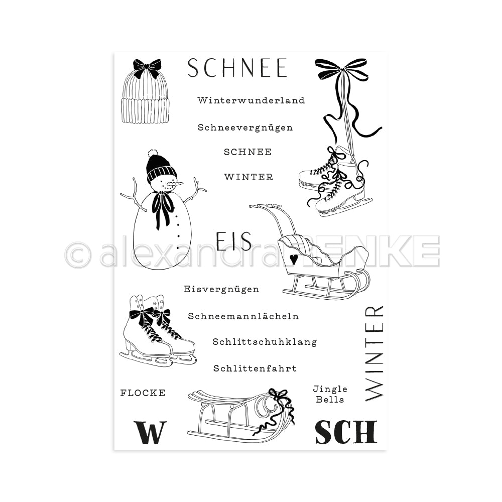 Die schwarz-weißen Winterillustrationen von Alexandra Renke zeigen Schneemotive und Wörter wie Schnee, Winter, Schlittschuhe, Schneemann und Schlitten - ideal zum Basteln mit Photopolymer- oder Klarsichtstempeltechniken.