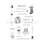 Schwarz-weiße Illustration zum Thema Advent von Alexandra Renke mit klassischen Motiven wie Kerzen, Strümpfen und deutschen Texten - perfekt für Clear Stamp oder Photopolymer-Bastelprojekte.