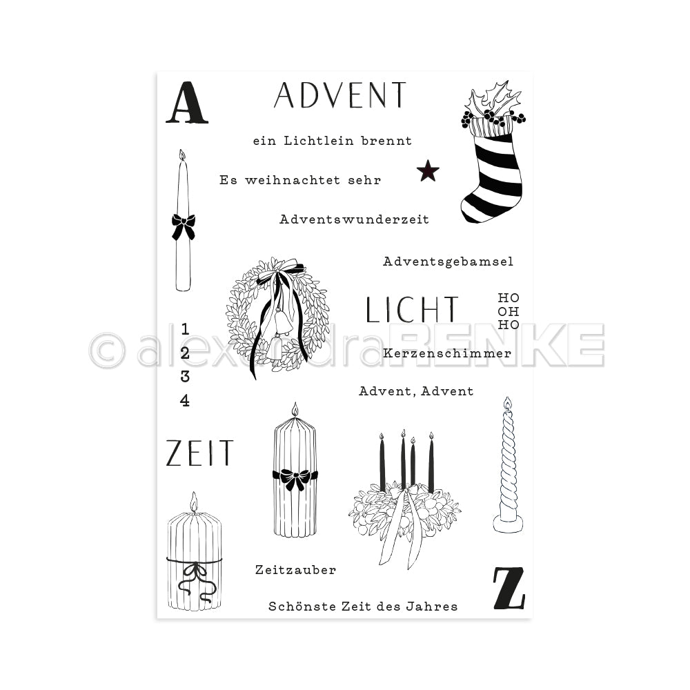 Schwarz-weiße Illustration zum Thema Advent von Alexandra Renke mit klassischen Motiven wie Kerzen, Strümpfen und deutschen Texten - perfekt für Clear Stamp oder Photopolymer-Bastelprojekte.