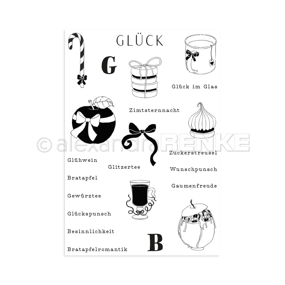Schwarze und weiße Leckereien und Getränke, die auf Deutsch beschriftet sind, werden auf einem weißen Hintergrund gezeigt - perfekt für festliche Bastelarbeiten mit Alexandra Renke Photopolymer- oder Klarsichtstempeln.